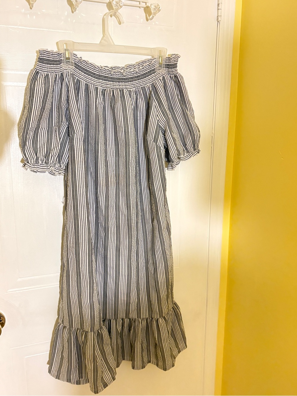 Off-Shoulder Blue and White Striped Midi Dress